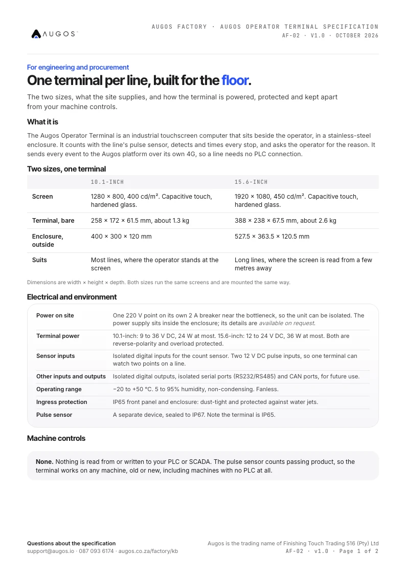 Operator terminal specification, page 1
