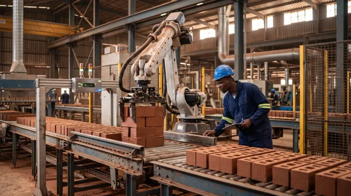 A robot arm stacks clay bricks onto a roller conveyor while a worker checks the line.