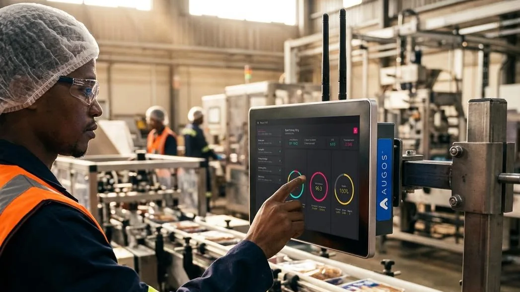 An operator in a hairnet, safety glasses and a hi-vis vest taps the job screen on the Augos Operator Terminal mounted beside a food packing line.