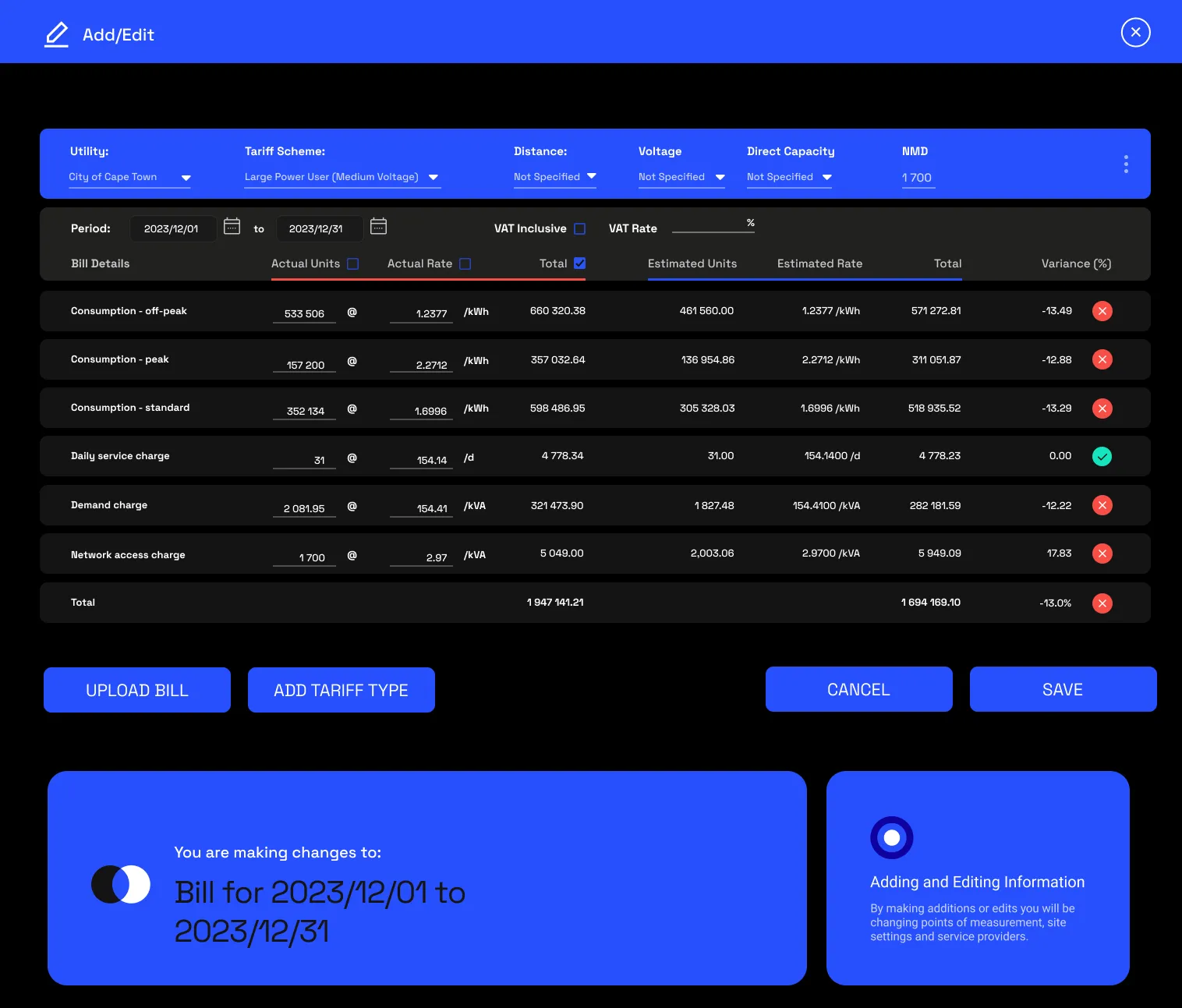 The Add Bill Verification modal: utility and tariff metadata, a VAT toggle, and a table where each line item's actual units, rate and total are entered beside the estimated values and variance