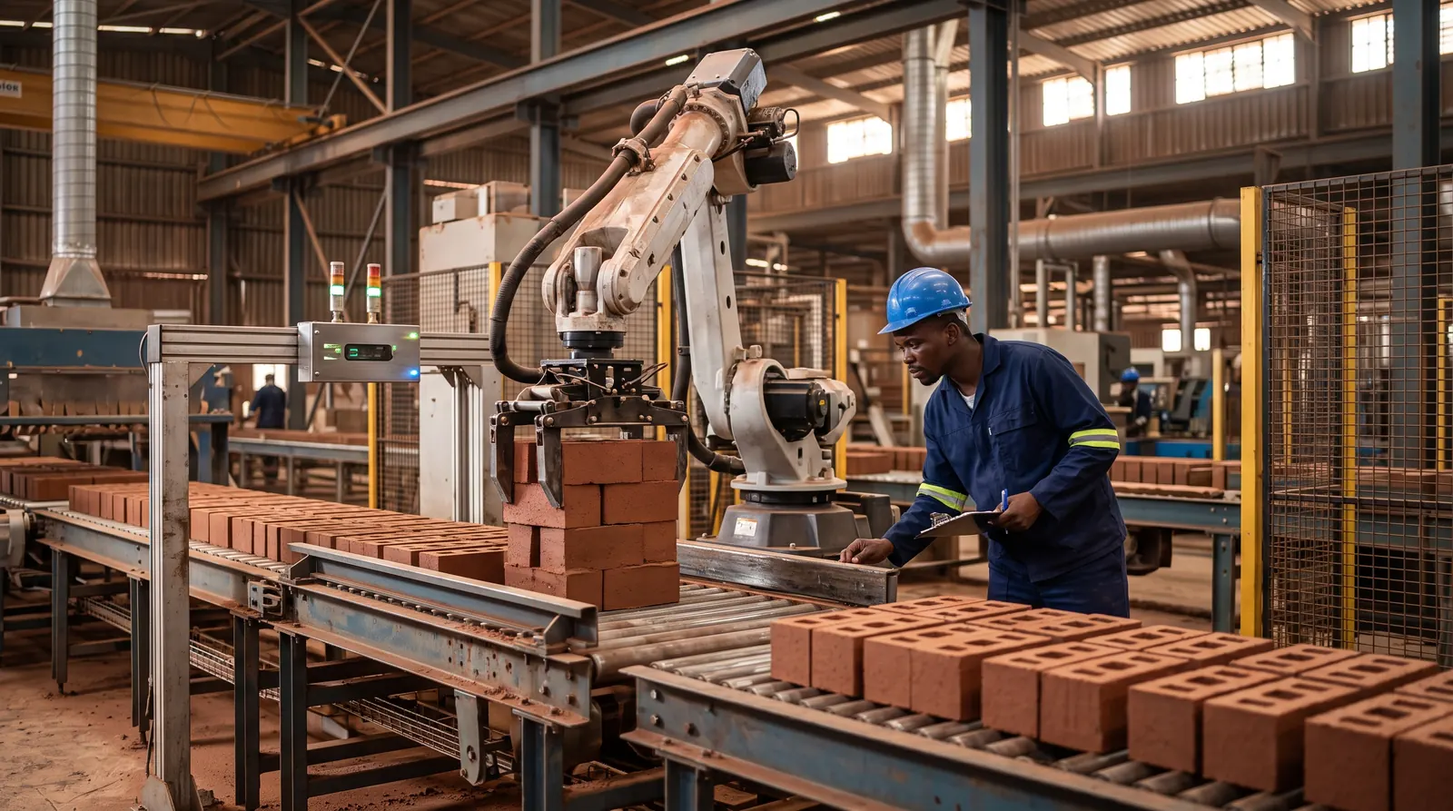 A robot arm stacks clay bricks onto a roller conveyor while a worker in overalls and a hard hat checks the line with a clipboard.