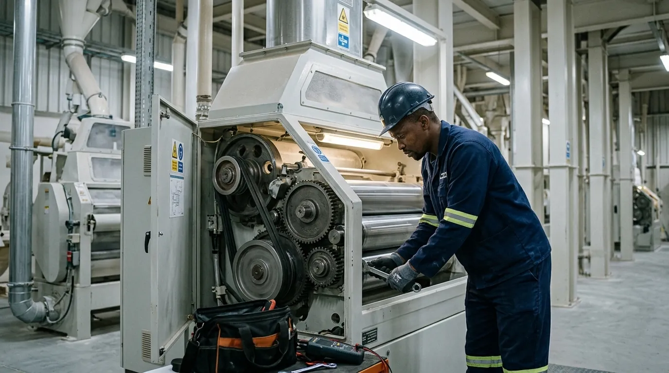 A technician in overalls and a hard hat works on the drive belts and gears of an open roller mill in a flour mill.