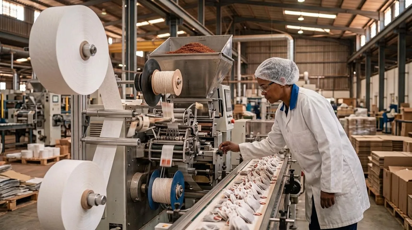 An operator in a hairnet, safety glasses and a white coat checks tea bags on the outfeed conveyor of a tea-bag packing machine, with filter paper reels and a hopper of tea above.
