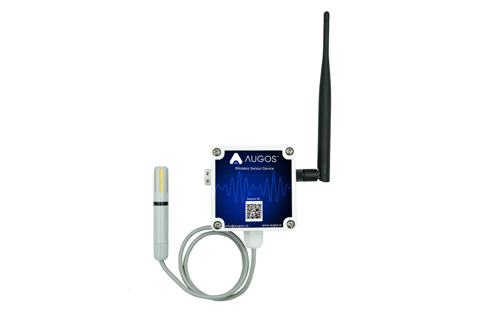 Augos wireless environmental sensor with antenna and a calibrated temperature and humidity probe